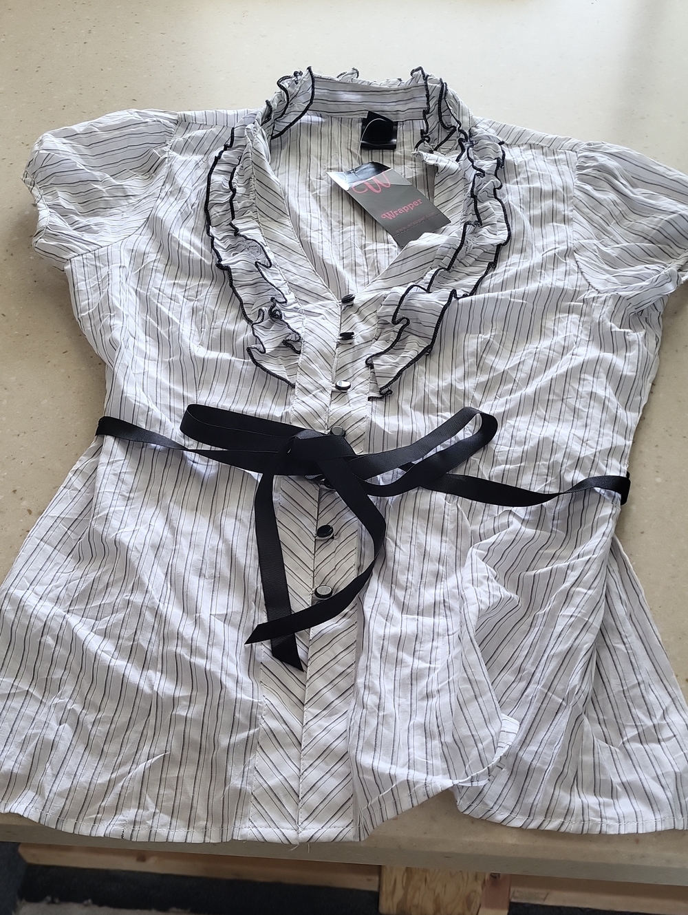 Wrapper White Pinstripe Ruffle Button-Down Top with Black Trim & Ribbon Belt